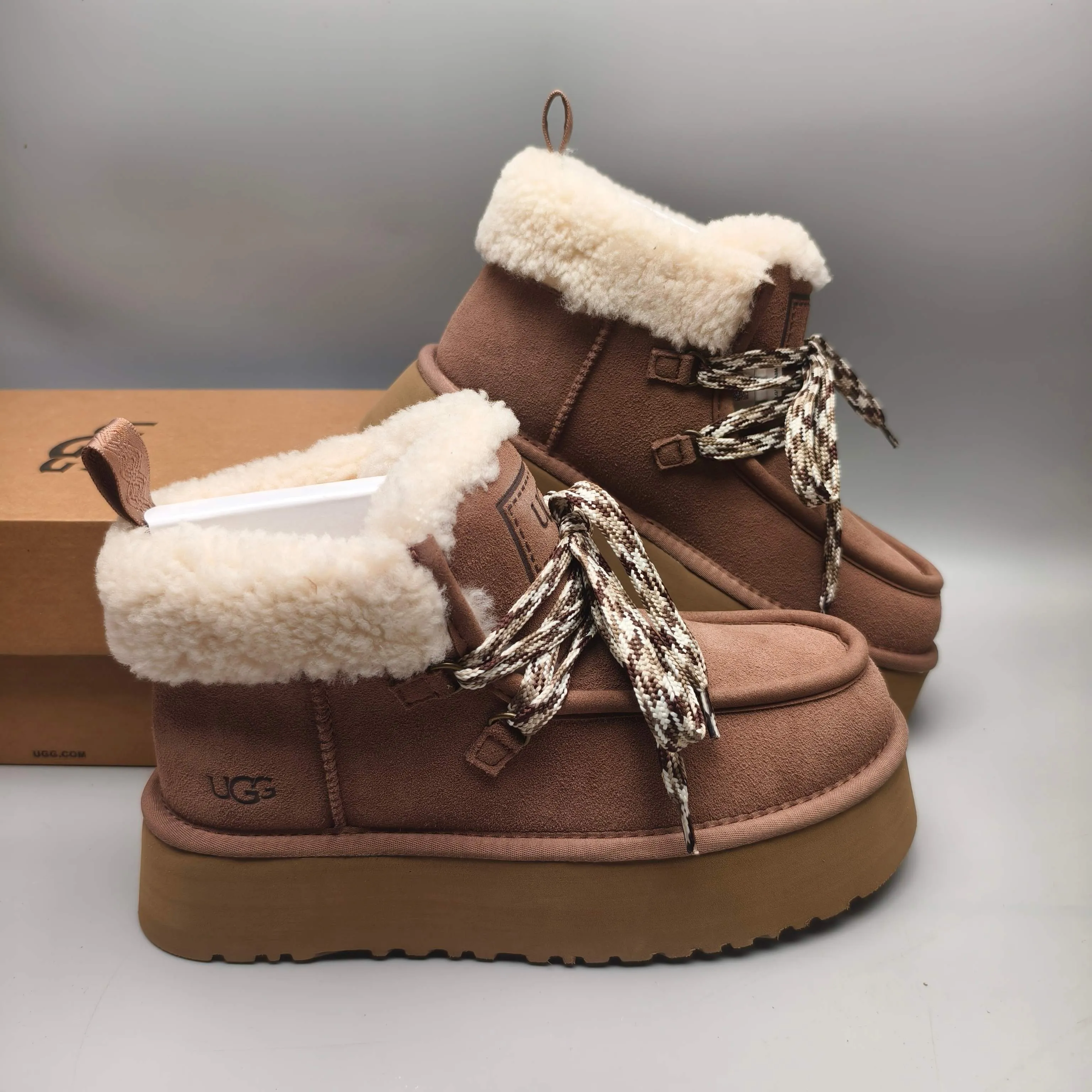 💰560 UGG sheepskin all-in-one snow boots 3954 thick-soled lace-up women's boots Color: Maroon Black Chocolate Brown Gray Size: 35-41